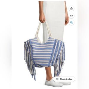 Time And Tru Women's Striped Fringe Woven Tote Bag With Rope Handles